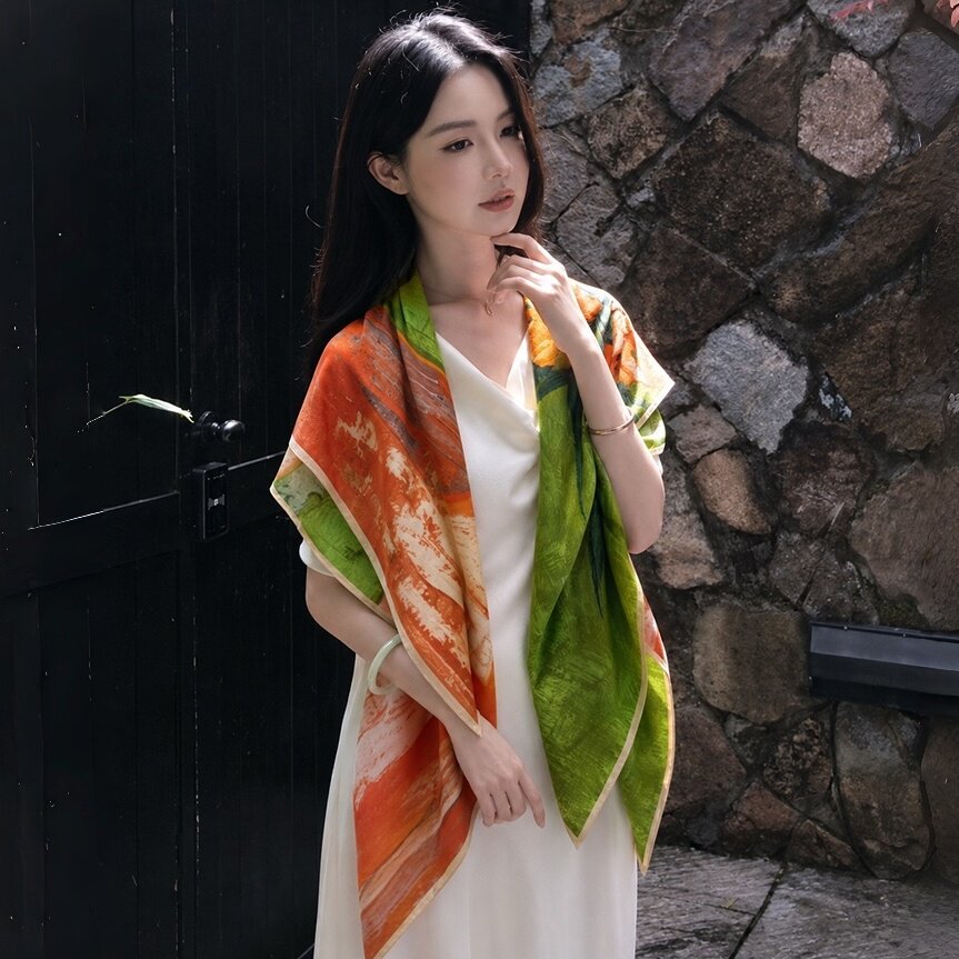莫奈绿色油画丝巾女夏含丝毛