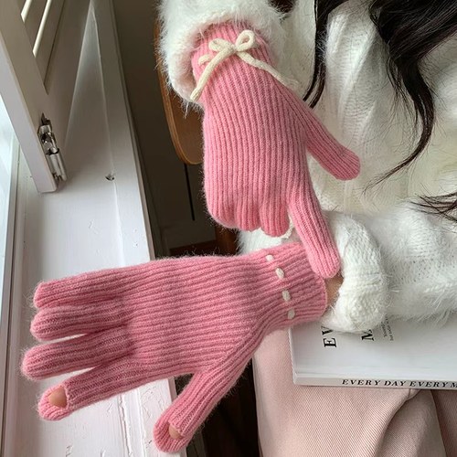 粉色蝴蝶结毛线针织手套女冬季
