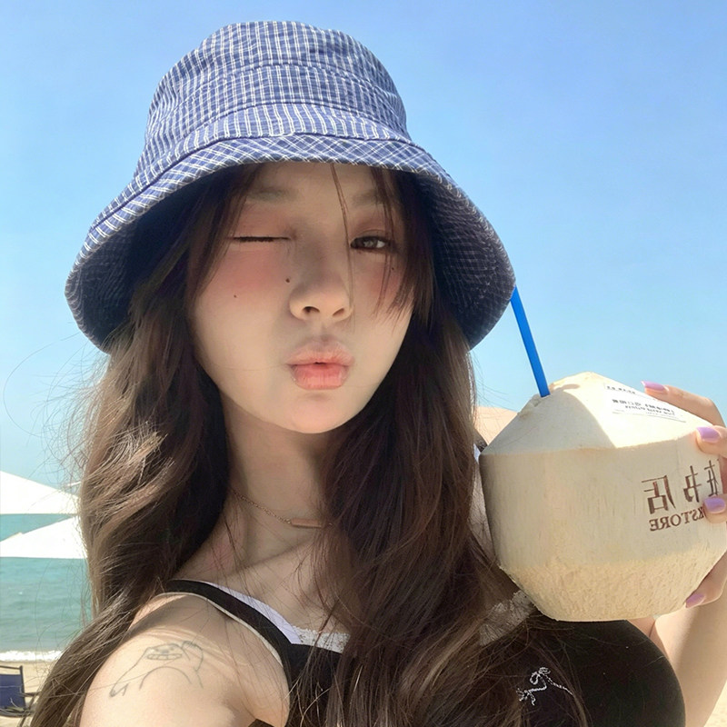 miu系藏青格子可折叠防晒帽子女