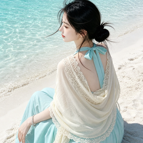 云南海边旅游米白色棉麻披肩女