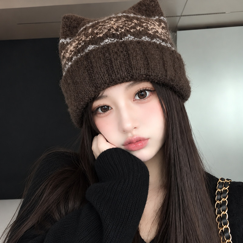 猫耳针织毛线帽女冬保暖显脸小