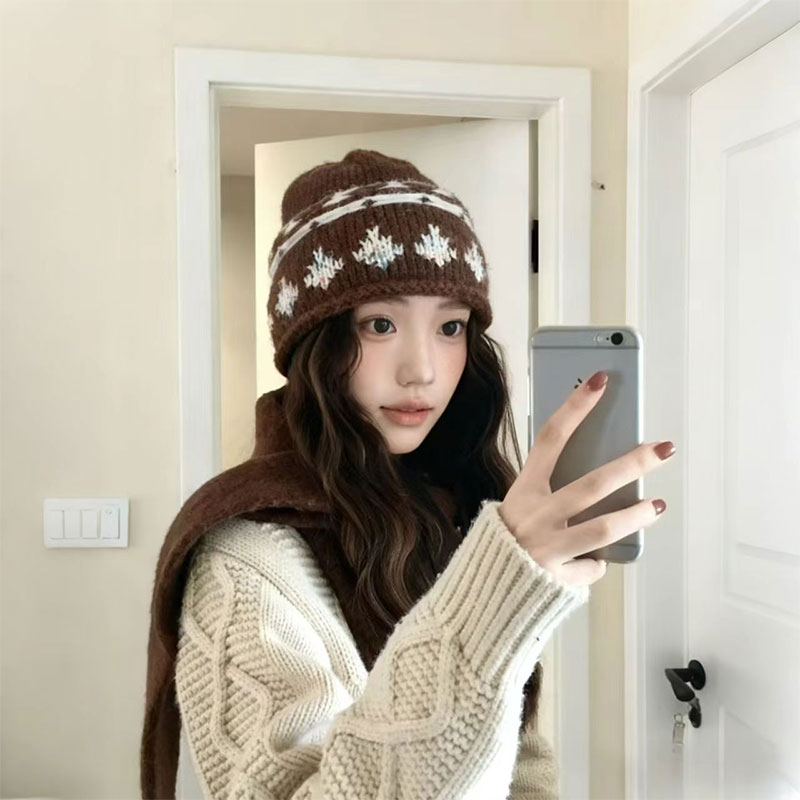 费尔岛提花针织帽子女2025新款秋冬加厚保暖冷帽显脸小百搭毛线帽