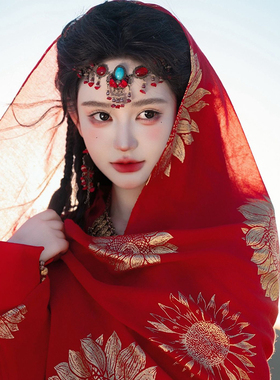 红色烫金棉麻头巾小枫同款民族风丝巾大西北沙漠旅游防晒披肩围巾