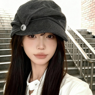 灰色复古褶皱贝雷帽女秋冬百搭显脸小八角帽大头围文艺画家帽子