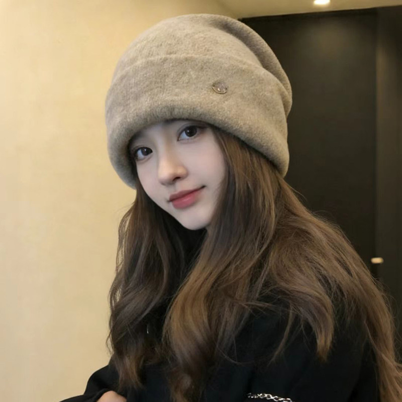 100%羊毛针织帽女士冬双层加厚大头围保暖护耳冷帽显脸小毛线帽子