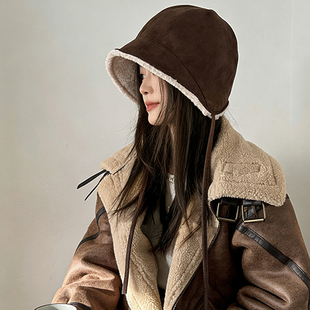 韩系新款帽子女复古麂皮绒渔夫帽冬季保暖防寒护耳雷锋帽加绒盆帽