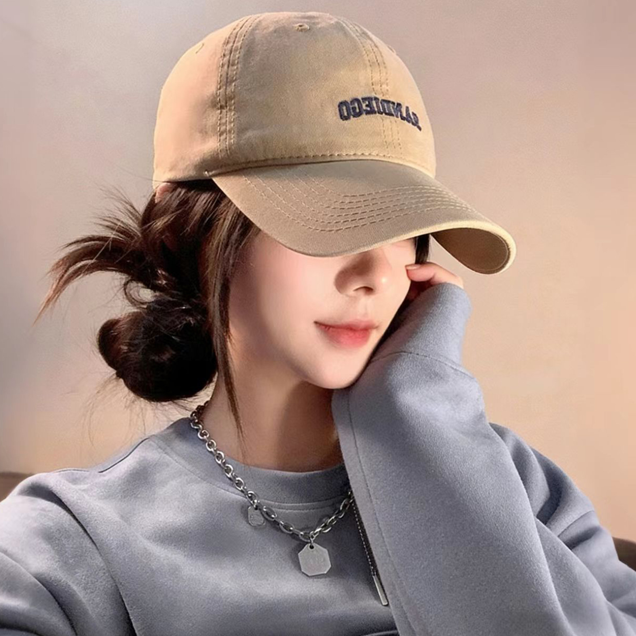 卡其色字母刺绣鸭舌帽女春夏流行大头围防晒遮阳帽子宽帽檐棒球帽