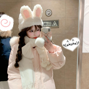 可爱兔耳朵毛绒帽子女秋冬季甜美显脸小加厚保暖针织帽冷帽雷锋帽