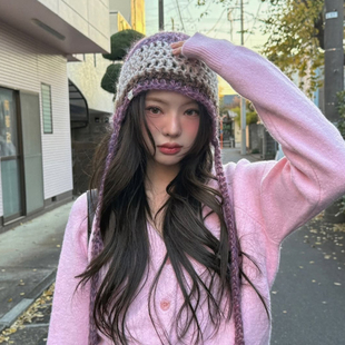 甜美显脸小百搭套头冷帽 2025新款 韩系绑带款 温柔紫针织帽子女款