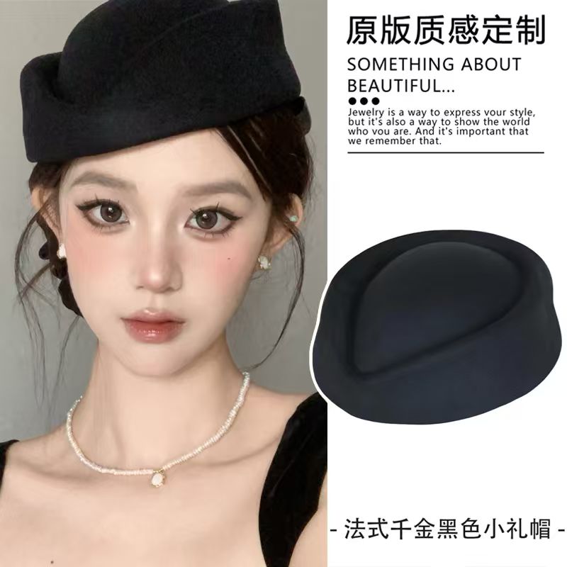 赫本风黑色平顶小礼帽女法式高级感空姐制服帽新品复古气质贝雷帽