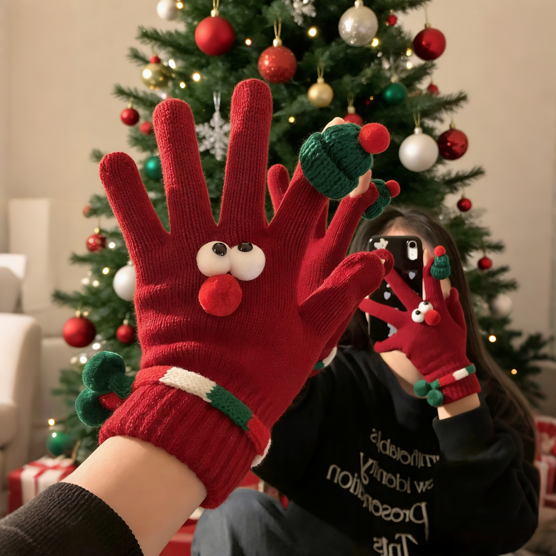 可爱圣诞红色针织手套