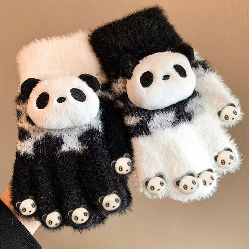 可爱熊猫毛绒针织五指手套女保暖防风学生防寒可触屏分指骑车手套