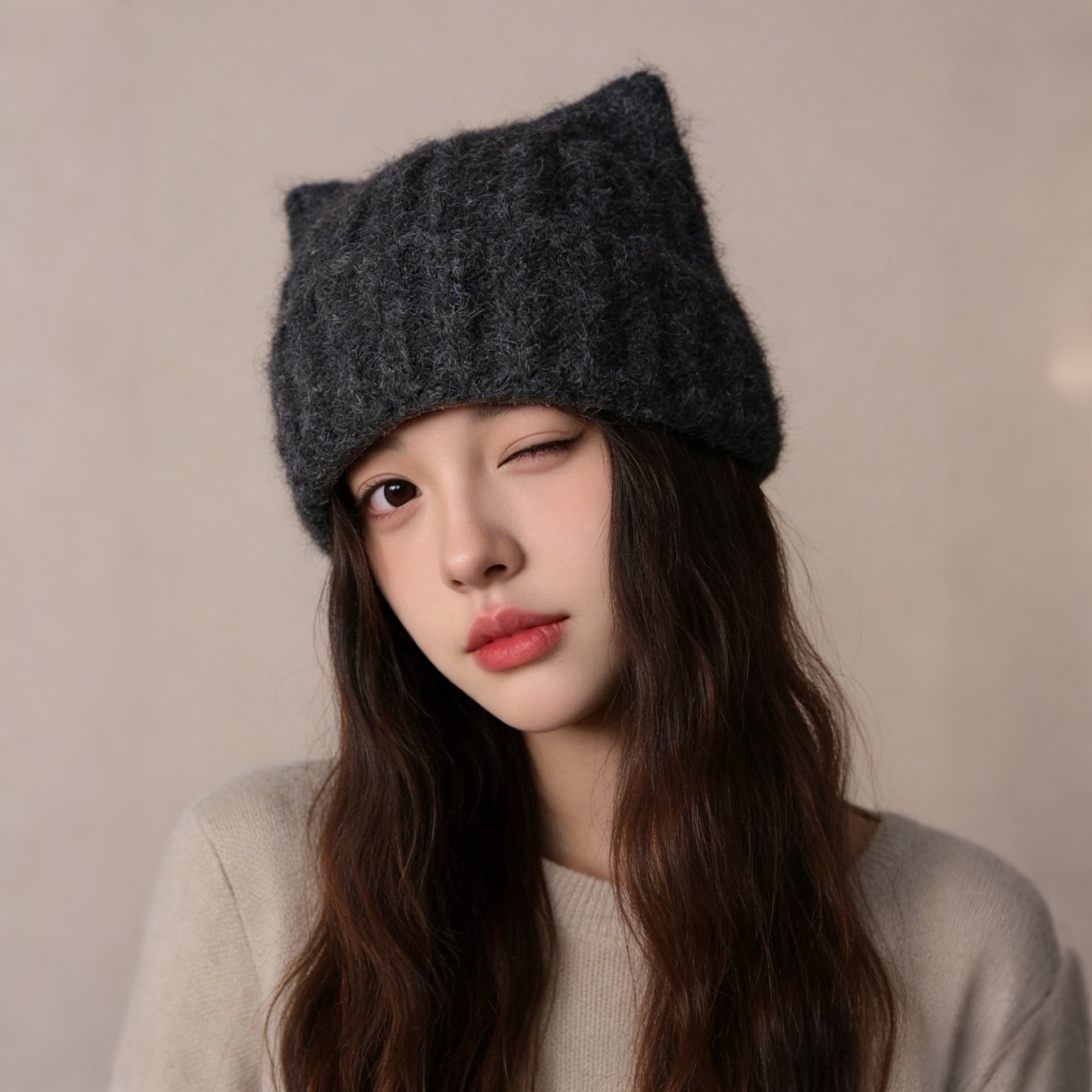 灰色猫耳朵帽子女秋冬可爱保暖加厚包头护耳毛线帽大头围针织帽
