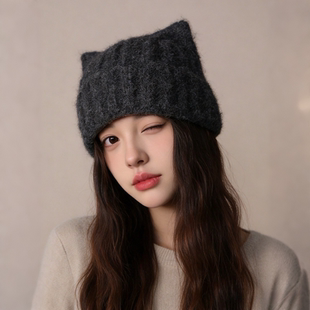 灰色猫耳朵帽子女秋冬可爱保暖加厚包头护耳毛线帽大头围针织帽