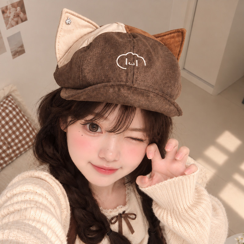 正反两戴拼色可爱猫耳贝雷帽子女款秋冬百搭显脸小文艺八角画家帽