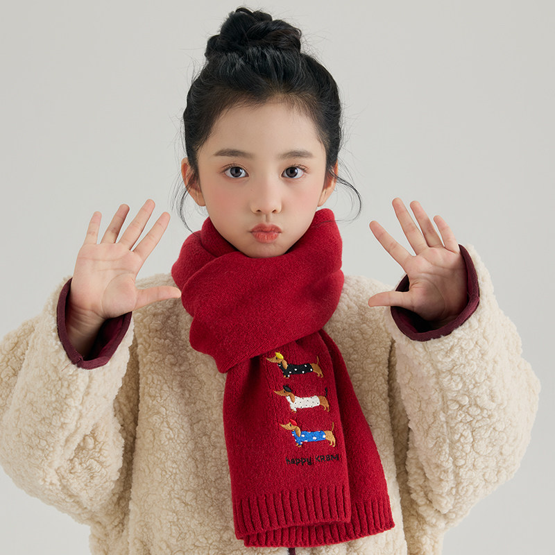 儿童新年红色围巾女孩男孩秋冬针织加厚保暖卡通图案红色羊毛围脖