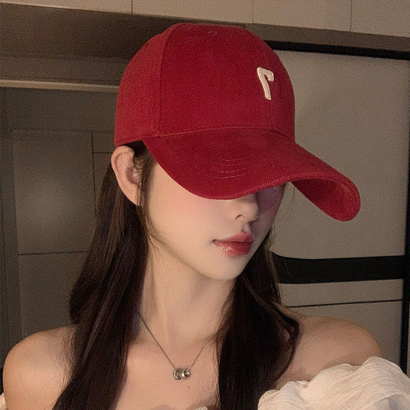韩系红色鸭舌帽女2026新款显脸小大帽檐加深加大大头围硬顶棒球帽