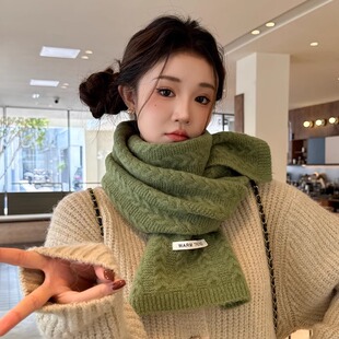 牛油果绿色针织毛线围巾女冬季 百搭保暖加厚纯色学生围脖 韩版