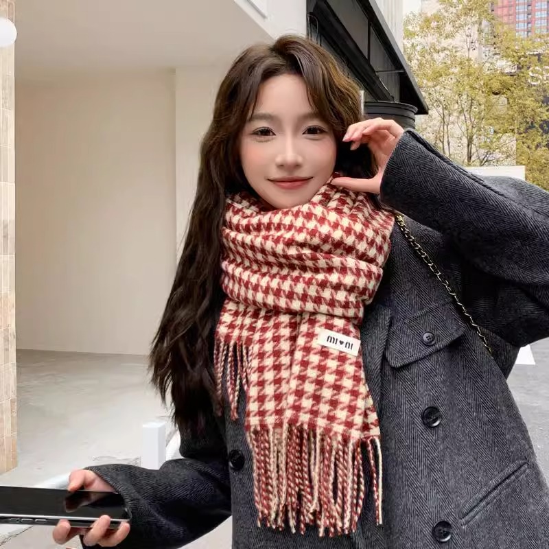 2025新款千鸟格红色围巾女冬季韩版百搭外搭披肩两用学生格子围脖