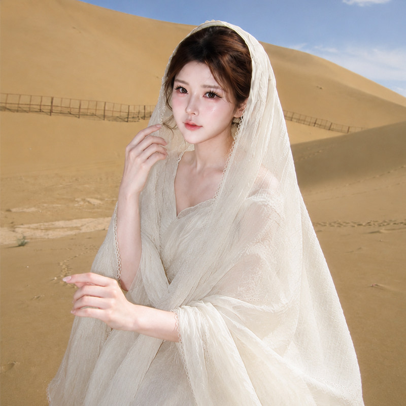 白色蕾丝丝巾女防晒旅拍头巾披肩