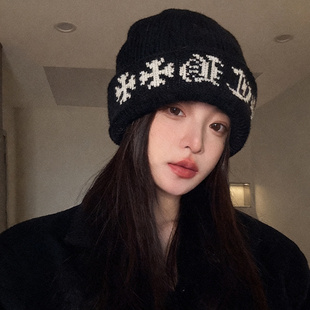 黑色大头围冷帽女2025新款冬加厚保暖针织毛线帽子显脸小堆堆帽