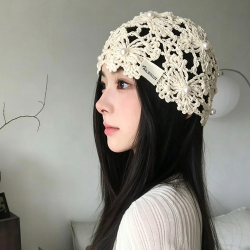 手工编织镂空花朵针织包头帽子女
