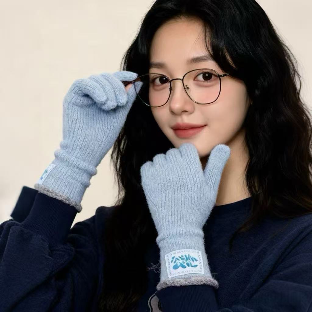 韩系羊毛针织蓝色手套女2025新款冬季加厚保暖长款可触屏五指骑行