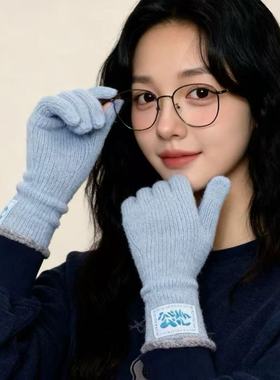 韩系羊毛针织蓝色手套女2025新款冬季加厚保暖长款可触屏五指骑行