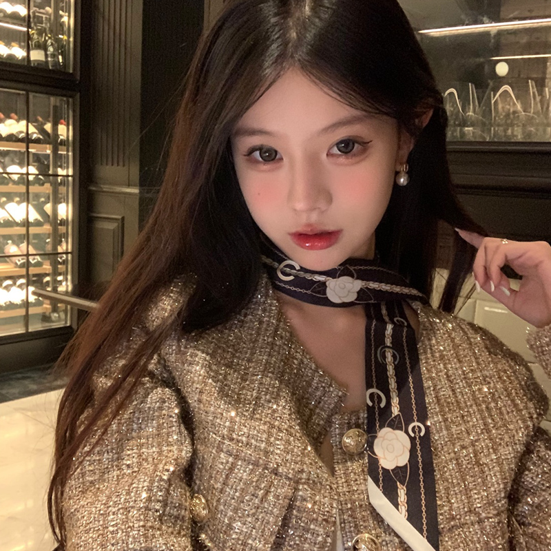 法式复古山茶花黑色长条丝巾系脖高级感2025新款女士搭配颈饰发带