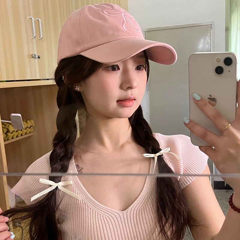 蝴蝶结粉色棒球帽女2026新款春夏可爱显脸小大帽檐软顶鸭舌帽子宽