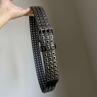 重工金属铆钉腰带2026年朋克风三排扣镂空黑色宽皮带男女同款装饰