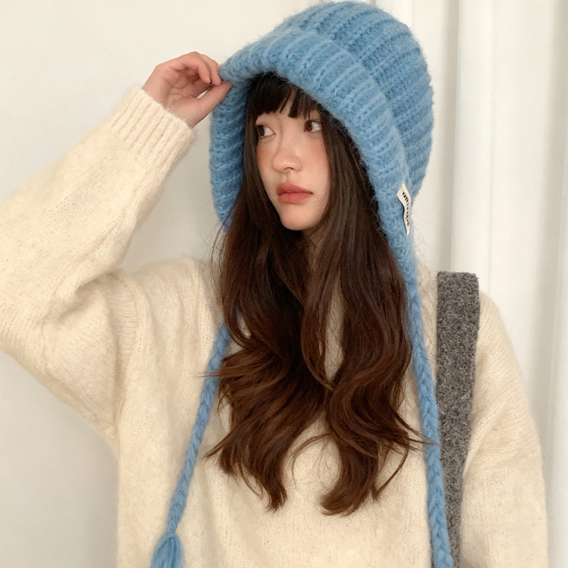 蓝色针织毛线帽子女2025新款冬季加厚保暖大头围护耳巴拉克拉法帽