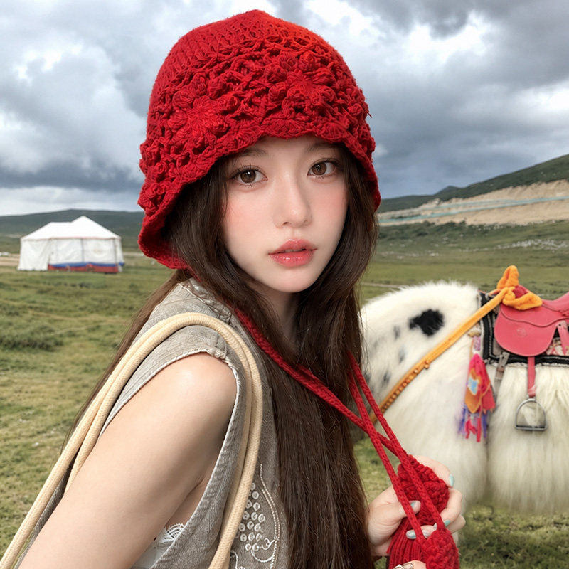 民族风红色针织帽子女秋冬季