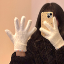 韩系可爱毛绒手套女2025新款 加厚保暖防寒露指可触屏手套学生 冬季