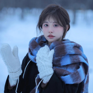 虞书欣同款围巾女冬季情侣男加厚保暖马海毛围脖韩版蓝色格子披肩