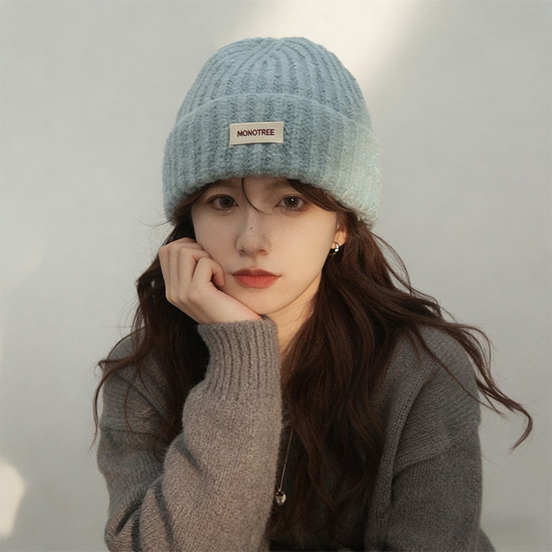 蓝色针织毛线帽子女2025新款冬韩系显脸小护耳帽保暖冷帽大头围
