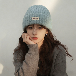 蓝色针织毛线帽子女2025新款冬韩系显脸小护耳帽保暖冷帽大头围