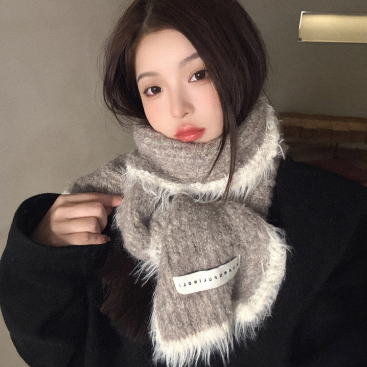 韩系高级感灰色加厚保暖长条针织围巾女款2025新款冬季含羊毛围脖
