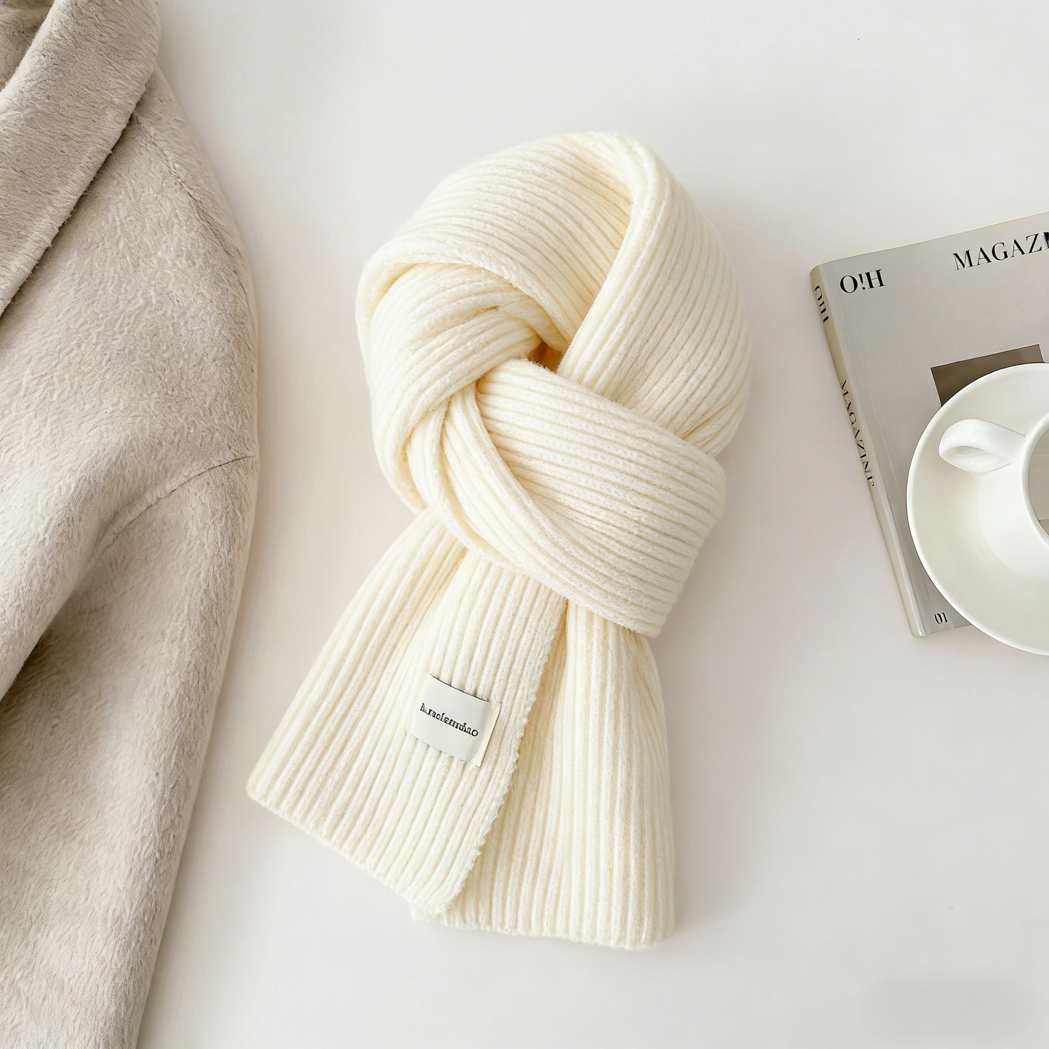 白色围巾女生冬季加厚保暖氛围感软糯护颈纯色百搭针织毛线围脖男