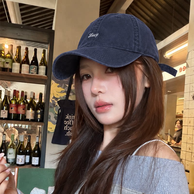 韩版藏青色字母棒球帽做旧刺绣软顶显脸小女加深大头围鸭舌帽帽子