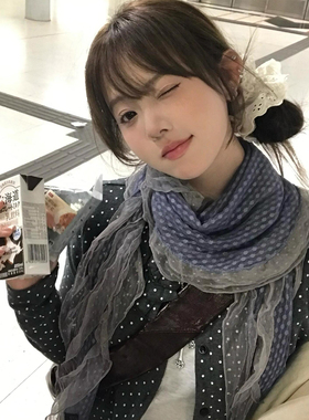 古早灰蓝色波点丝巾女2025新款蕾丝花边围巾韩系荷叶边围脖三角巾