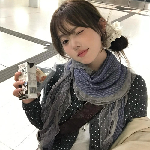 古早灰蓝色波点丝巾女2025新款