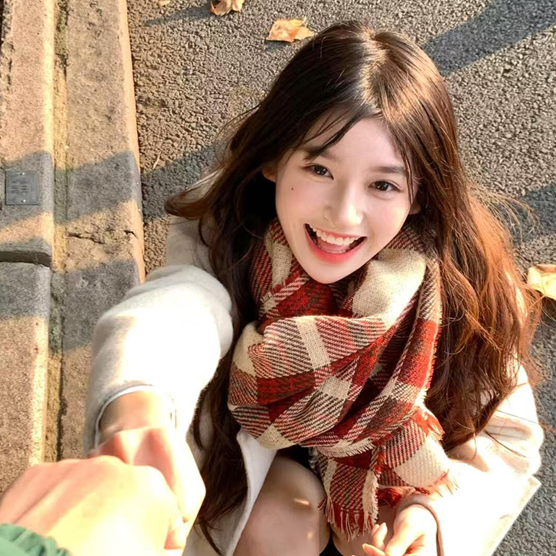 围巾女秋冬季2025新款韩版氛围感红色保暖百搭格子围脖新年礼物
