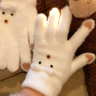 可爱小熊毛绒手套女2025新款冬季加厚保暖五指可触屏学生骑行防寒