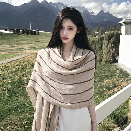 米白色条纹棉麻旅游民族风披肩女