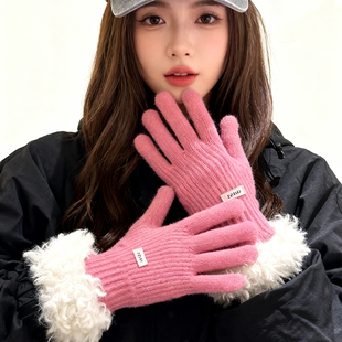 新年毛绒纯色骑行手套女士冬季2025年新款红色针织加绒加厚可触屏