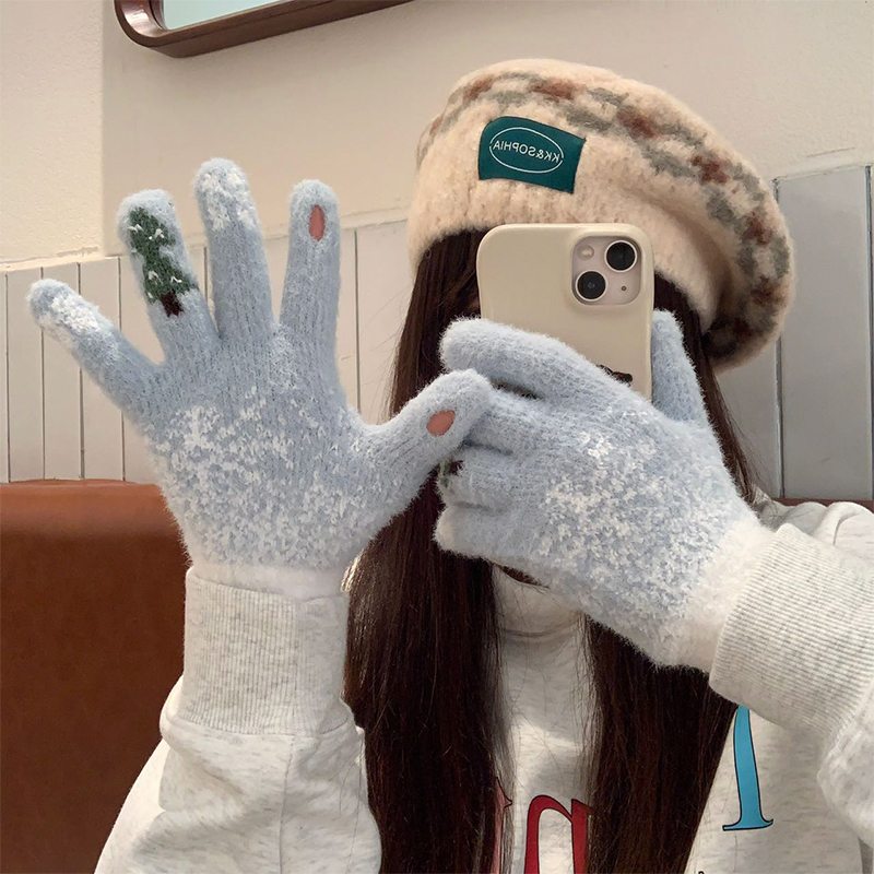 可爱毛绒针织手套女秋冬2025新款保暖加厚学生五指骑车防风可触屏