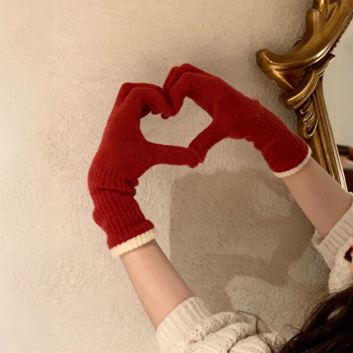 红色毛线手套女士冬季保暖可触屏露指学生骑车防寒五指长针织手套
