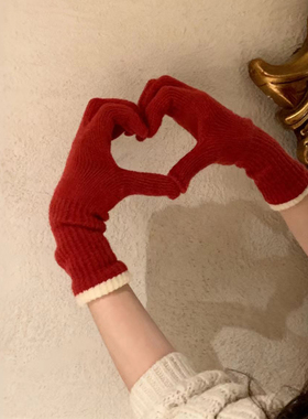 红色毛线手套女士冬季保暖可触屏露指学生骑车防寒五指长针织手套