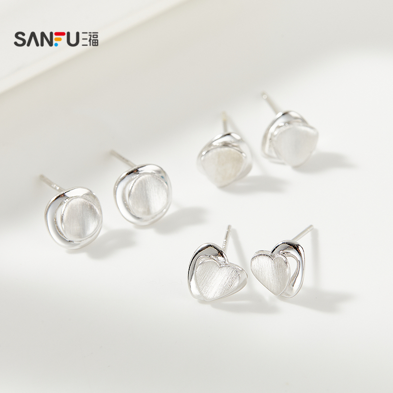 三福925银休闲简约拉丝耳钉一对 设计感首饰配饰耳环843097